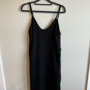 Black Silky Slip Dress with Thigh Slit & Lace Detailing